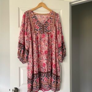 Pink Floral Casuale Boho Long Sleeve Bluetime Dress 2XL NWOT